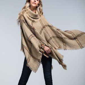 NWT Plaid Turtleneck Poncho with frayed Hem
